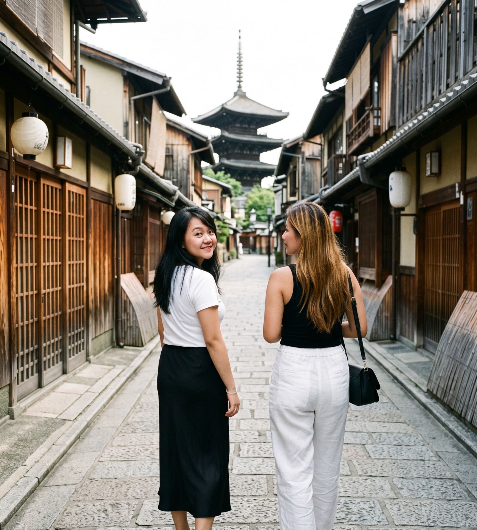 Dimple and Machu walking down an old stone street, Dimple looking back with a smile