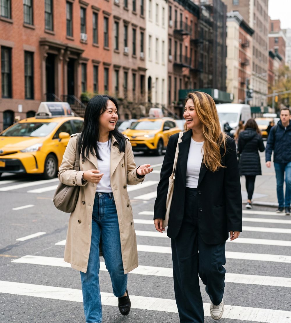 Dimple and Machu crossing a city street together