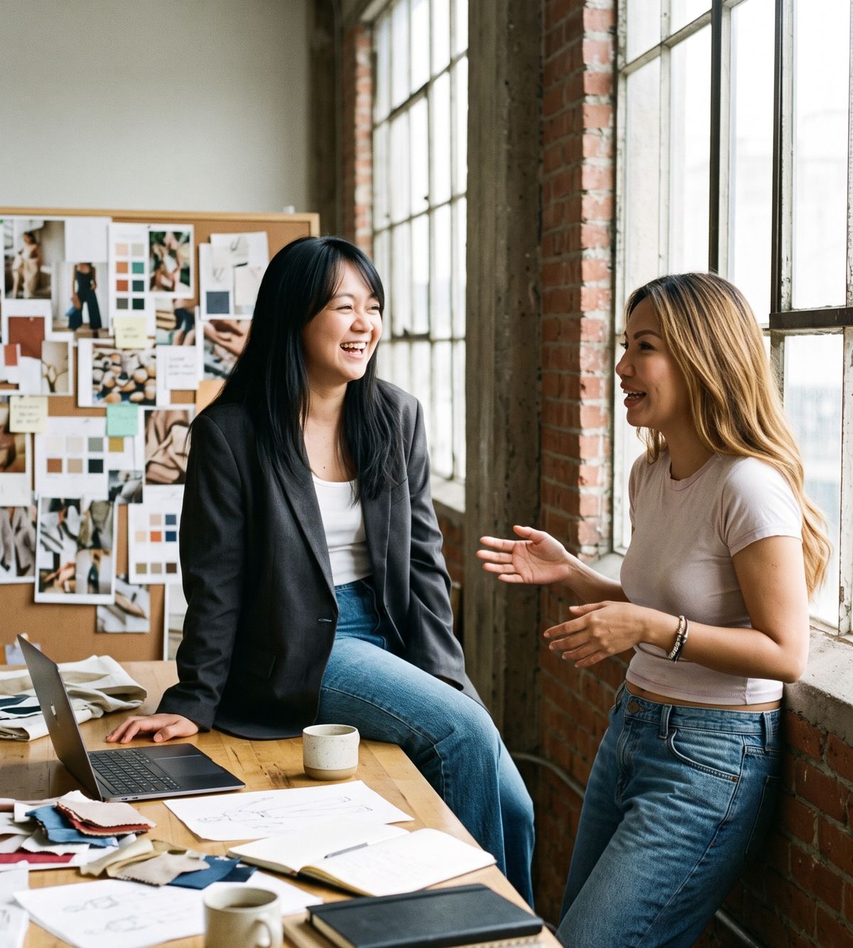 Dimple and Machu talking in a sunlit studio beside a mood board